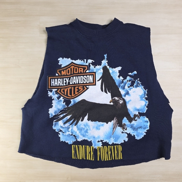 90s Harley Davidson Custom Cropped Sleeveless Sweatshirt Eagle Endure Forever - Picture 1 of 6